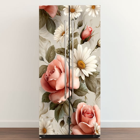 Self Adhesive Vinyl Refrigerator Wrap Set Vintage Rose Daisy Patterned Cushion Cover Boho Watercolor Door Mural Removable Fridge Sticker Peel and Stick Full Door Cover Decal Kitchen Bar Decor