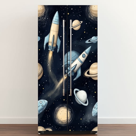 Self Adhesive Vinyl Refrigerator Wrap Set Vintage Space Exploration Rockets Planets Stars Door Mural Removable Fridge Sticker Peel and Stick Full Door Cover Decal Kitchen Bar Decor