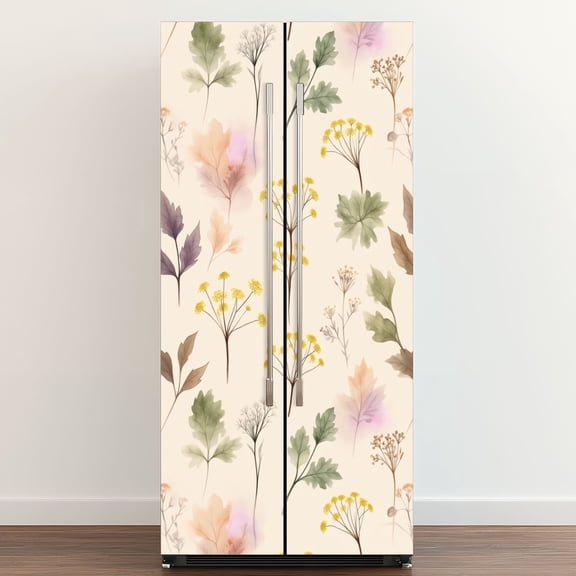 Self Adhesive Vinyl Refrigerator Wrap Set Watercolor Floral Delicate Pink Yellow Green Leaves Door Mural Removable Fridge Sticker Peel and Stick Full Door Cover Decal Kitchen Bar Decor