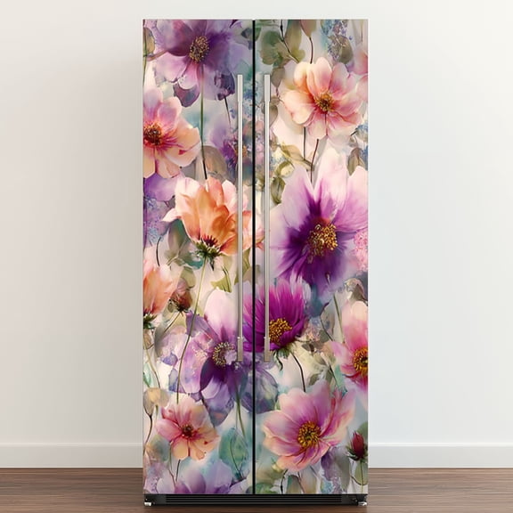 Self Adhesive Vinyl Refrigerator Wrap Set Watercolor Floral Vibrant Blossoms Soft Door Mural Removable Fridge Sticker Peel and Stick Full Door Cover Decal Kitchen Bar Decor
