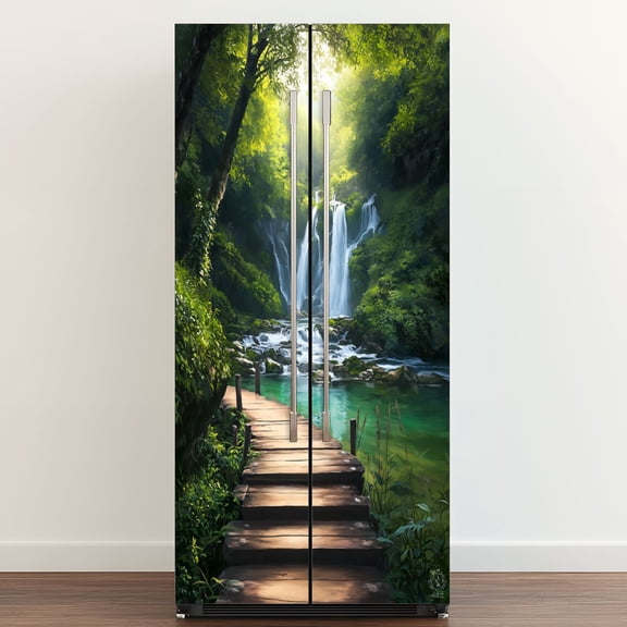 Self Adhesive Vinyl Refrigerator Wrap Set Waterfall Forest Natural Scenery Scenic Jungle Door Mural Removable Fridge Sticker Peel and Stick Full Door Cover Decal Kitchen Bar Decor