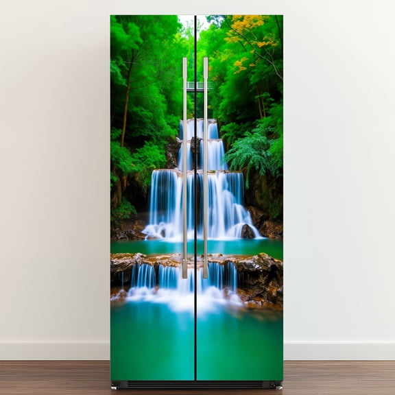 Self Adhesive Vinyl Refrigerator Wrap Set Waterfall Landscape Nature Lake Waterfalls Greenery Rock Door Mural Removable Fridge Sticker Peel and Stick Full Door Cover Decal Kitchen Bar Decor