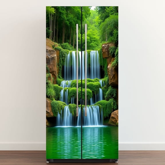 Self Adhesive Vinyl Refrigerator Wrap Set Waterfall Nature Picture Landscape Green Forest Moss covered Door Mural Removable Fridge Sticker Peel and Stick&nbsp;Full Door Cover Decal Kitchen Bar Decor