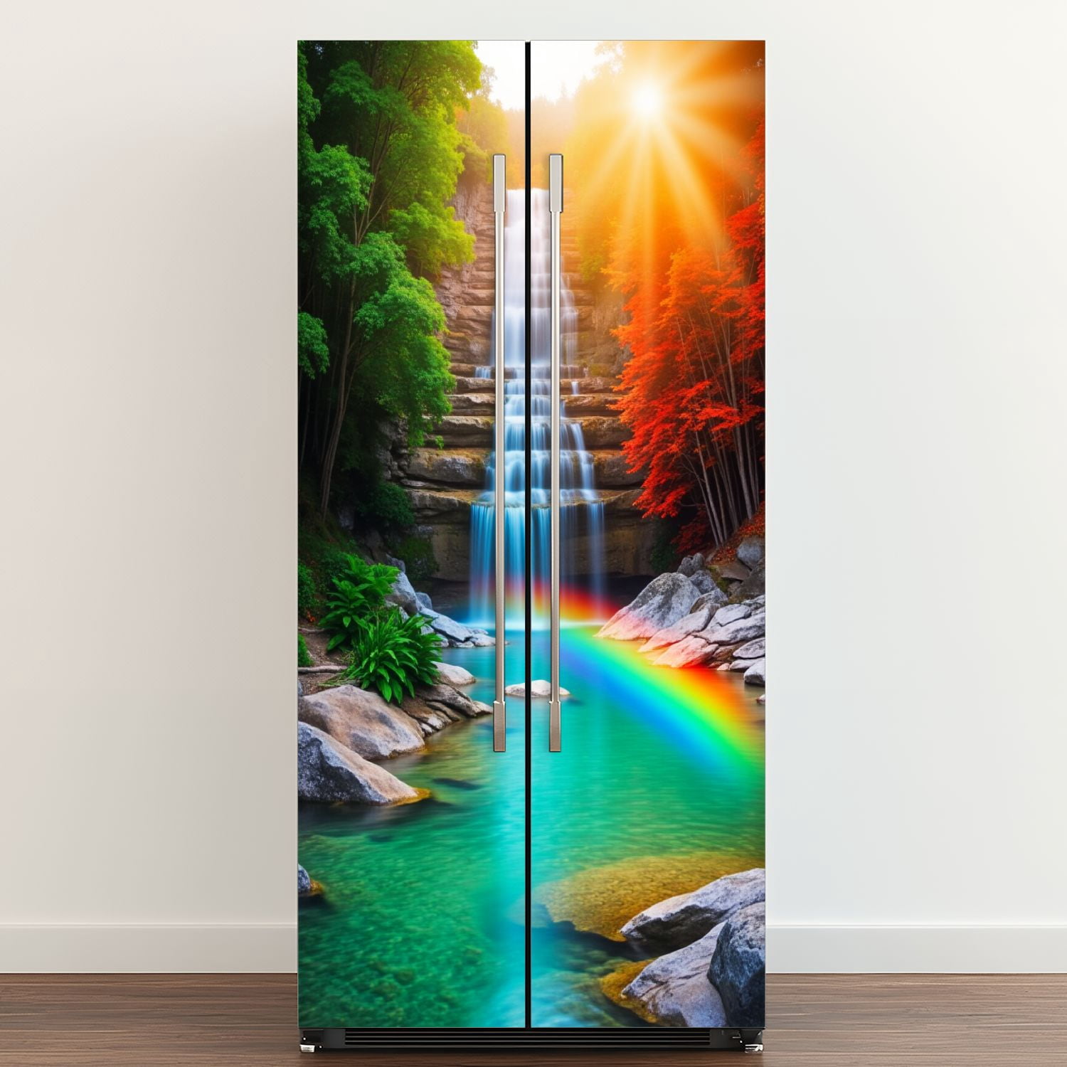Self Adhesive Vinyl Refrigerator Wrap Set Waterfall Rainbow Landscape Nature Forest Greenery Autumn Door Mural Removable Fridge Sticker Peel and Stick&nbsp;Full Door Cover Decal Kitchen Bar Decor