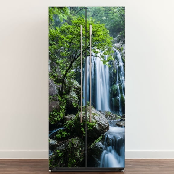 Self Adhesive Vinyl Refrigerator Wrap Set Waterfalls Forest Door Mural Removable Fridge Sticker Peel and Stick&nbsp;Full Door Cover Decal Kitchen Bar Decor