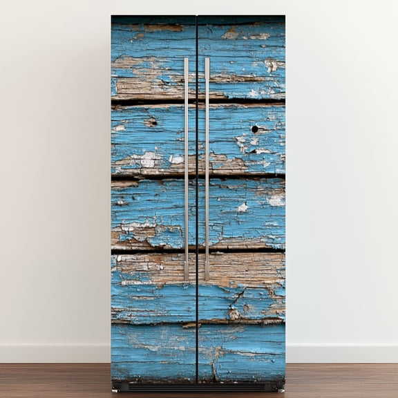 Self Adhesive Vinyl Refrigerator Wrap Set Weathered Blue Wooden Planks Cracked Paint Door Mural Removable Fridge Sticker Peel and Stick Full Door Cover Decal Kitchen Bar Decor