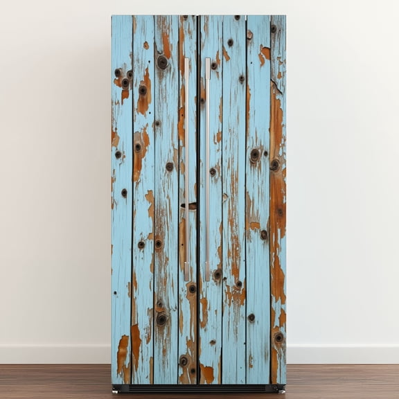 Self Adhesive Vinyl Refrigerator Wrap Set Weathered Blue Wooden Planks Rusty Distressed Paint Door Mural Removable Fridge Sticker Peel and Stick Full Door Cover Decal Kitchen Bar Decor