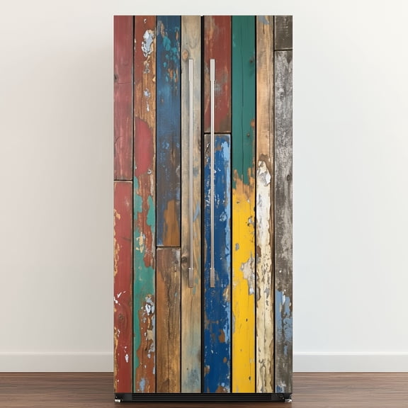 Self Adhesive Vinyl Refrigerator Wrap Set Weathered Colorful Wooden Planks Rustic Peeling Door Mural Removable Fridge Sticker Peel and Stick&nbsp;Full Door Cover Decal Kitchen Bar Decor