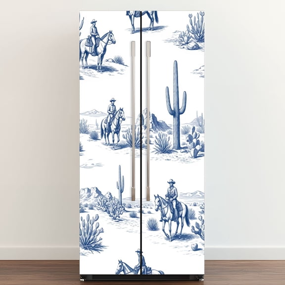 Self Adhesive Vinyl Refrigerator Wrap Set Western Cowboy Riding Desert Rocky Landscape Door Mural Removable Fridge Sticker Peel and Stick Full Door Cover Decal Kitchen Bar Decor