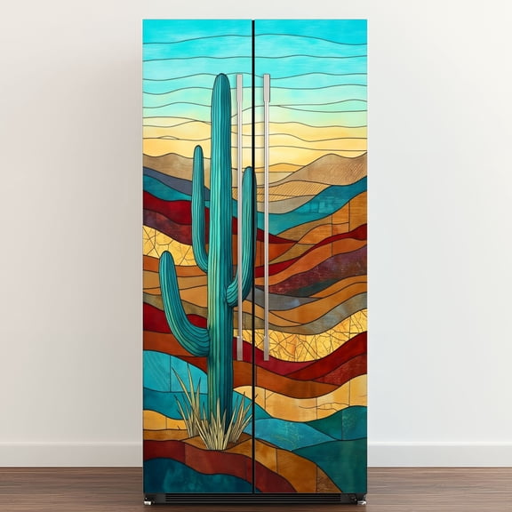 Self Adhesive Vinyl Refrigerator Wrap Set Western Landscape Stained Glass Prominent Cactus Turquoise Door Mural Removable Fridge Sticker Peel and Stick&nbsp;Full Door Cover Decal Kitchen Bar Decor
