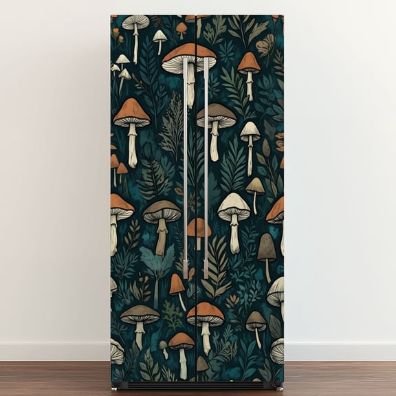 Self Adhesive Vinyl Refrigerator Wrap Set Whimsical Mushroom Forest Intricate Foliage Earthy Tones Door Mural Removable Fridge Sticker Peel and Stick Full Door Cover Decal Kitchen Bar Decor
