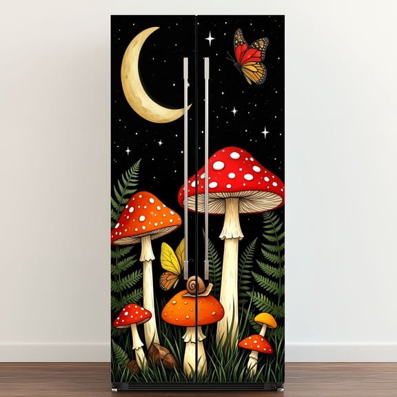 Self Adhesive Vinyl Refrigerator Wrap Set Whimsical Nighttime Forest Red Orange Mushrooms Butterflies Door Mural Removable Fridge Sticker Peel and Stick Full Door Cover Decal Kitchen Bar Decor