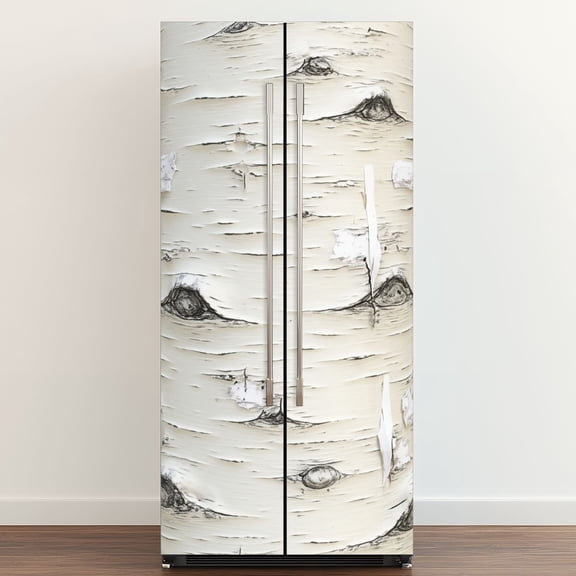 Self Adhesive Vinyl Refrigerator Wrap Set White Birch Tree Bark Natural Knots Horizontal Lines Door Mural Removable Fridge Sticker Peel and Stick&nbsp;Full Door Cover Decal Kitchen Bar Decor