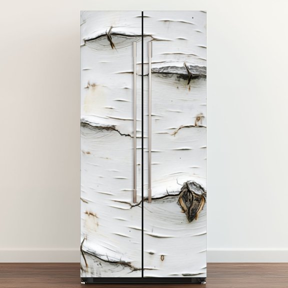 Self Adhesive Vinyl Refrigerator Wrap Set White Birch Tree Bark Natural Knots Horizontal Lines Door Mural Removable Fridge Sticker Peel and Stick Full Door Cover Decal Kitchen Bar Decor