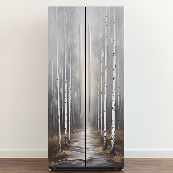 Self Adhesive Vinyl Refrigerator Wrap Set White Birch Tree Grey Forest Abstract Landscape Panoramic Door Mural Removable Fridge Sticker Peel and Stick&nbsp;Full Door Cover Decal Kitchen Bar Decor