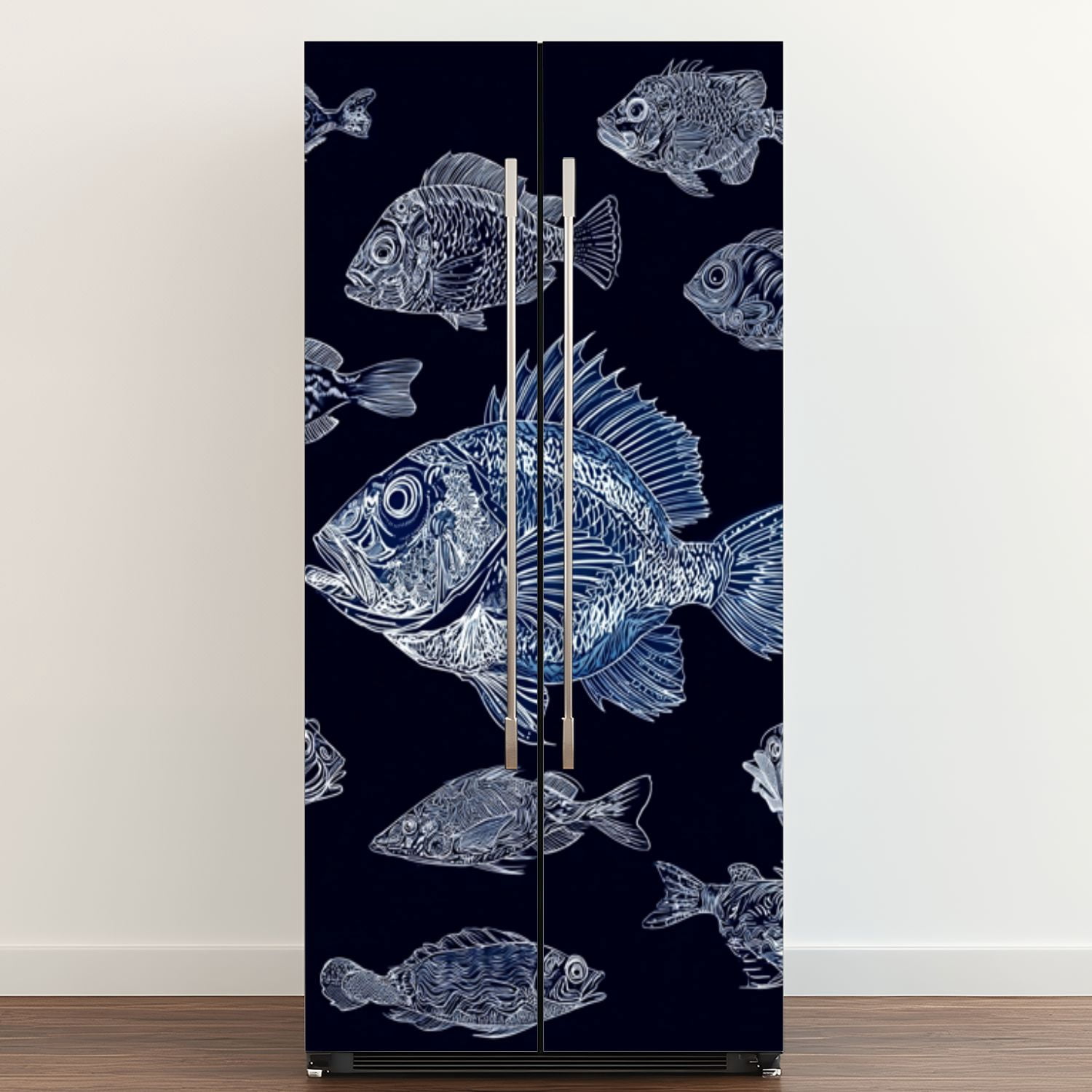 Self Adhesive Vinyl Refrigerator Wrap Set White Fish Dark Blue Hand ...