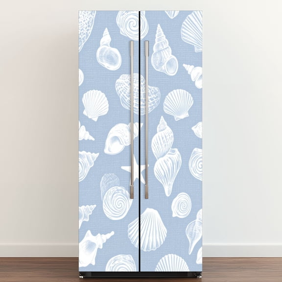 Self Adhesive Vinyl Refrigerator Wrap Set White Seashell Soft Blue Door Mural Removable Fridge Sticker Peel and Stick Full Door Cover Decal Kitchen Bar Decor