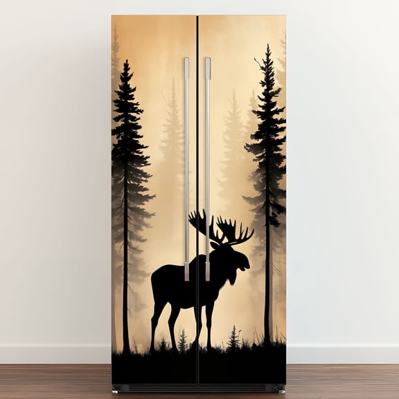 Self Adhesive Vinyl Refrigerator Wrap Set Wild Animals Camping Hunting Rustic Cabin Moose Farm Door Mural Removable Fridge Sticker Peel and Stick&nbsp;Full Door Cover Decal Kitchen Bar Decor