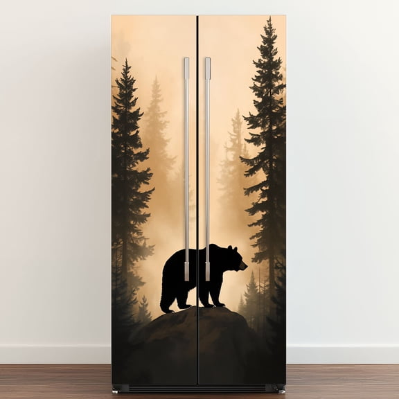 Self Adhesive Vinyl Refrigerator Wrap Set Wild Animals Camping Hunting Rustic Wolf Moose Log Cabin Door Mural Removable Fridge Sticker Peel and Stick&nbsp;Full Door Cover Decal Kitchen Bar Decor