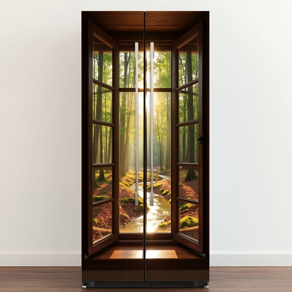 Self Adhesive Vinyl Refrigerator Wrap Set Window Forest Landscape Nature Tree Wooden Window Frame Door Mural Removable Fridge Sticker Peel and Stick Full Door Cover Decal Kitchen Bar Decor