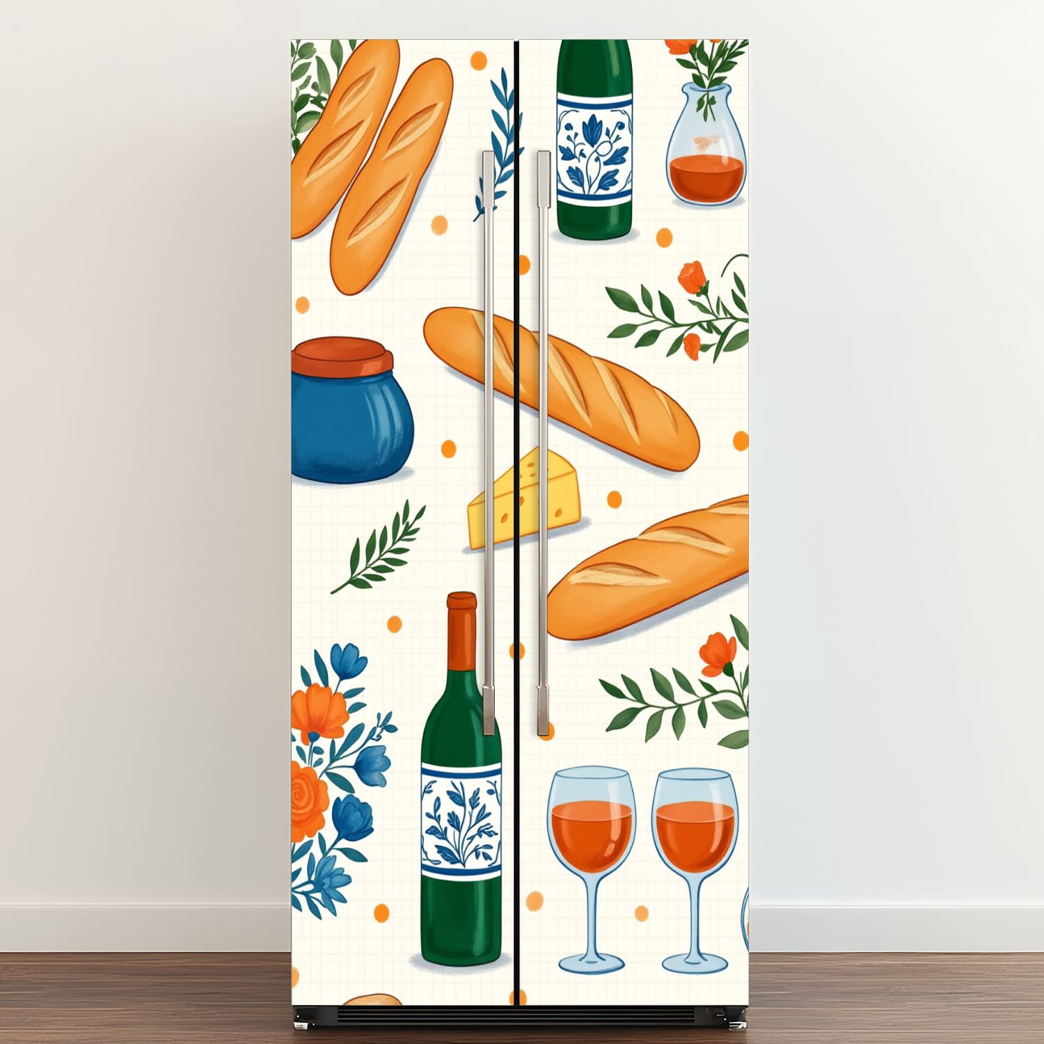 Self Adhesive Vinyl Refrigerator Wrap Set Wine Cheese Bread Floral Accents Cozy Picnic Door Mural Removable Fridge Sticker Peel and Stick&nbsp;Full Door Cover Decal Kitchen Bar Decor