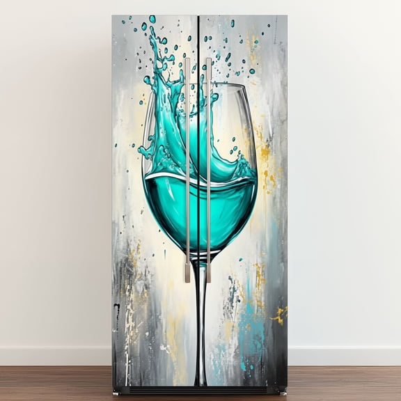 Self Adhesive Vinyl Refrigerator Wrap Set Wine Home Bar Decor Teal Wines Restaurant Water Splash Glass Door Mural Removable Fridge Sticker Peel and Stick Full Door Cover Decal Kitchen Bar Decor