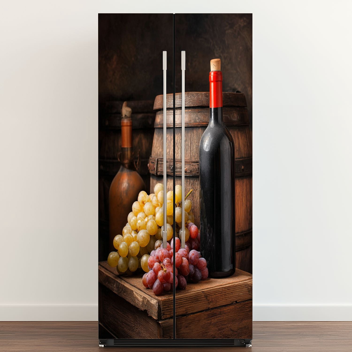 Self Adhesive Vinyl Refrigerator Wrap Set Wine bottle grapes barrel Door Mural Removable Fridge Sticker Peel and Stick&nbsp;Full Door Cover Decal Kitchen Bar Decor