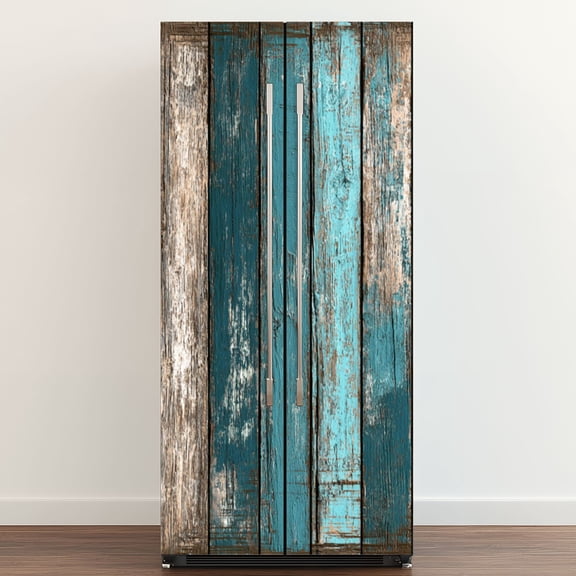 Self Adhesive Vinyl Refrigerator Wrap Set Wooden Plank Distressed Turquoise Blue White Rustic Door Mural Removable Fridge Sticker Peel and Stick Full Door Cover Decal Kitchen Bar Decor