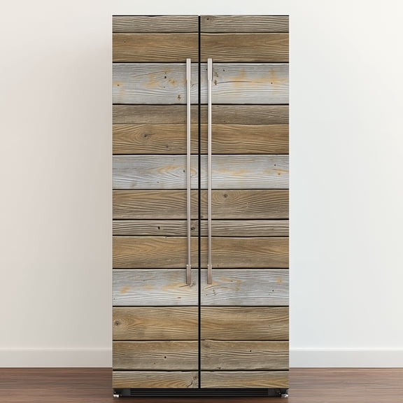 Self Adhesive Vinyl Refrigerator Wrap Set Wooden Planks Natural Rustic Finish Door Mural Removable Fridge Sticker Peel and Stick Full Door Cover Decal Kitchen Bar Decor