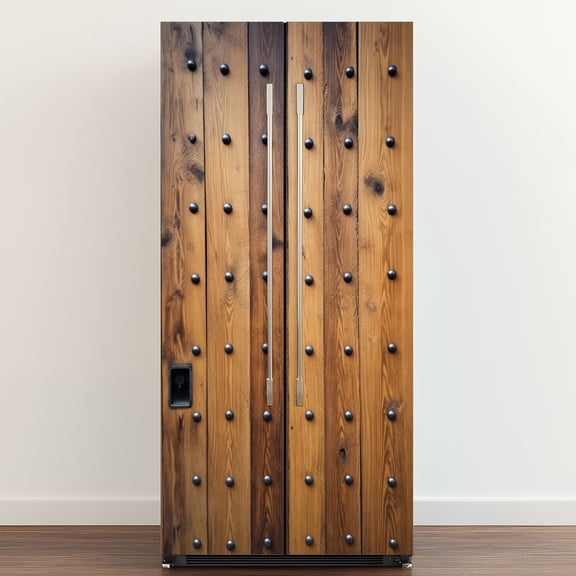 Self Adhesive Vinyl Refrigerator Wrap Set Wooden Studded Doors Rustic Vertical Planks Door Mural Removable Fridge Sticker Peel and Stick&nbsp;Full Door Cover Decal Kitchen Bar Decor