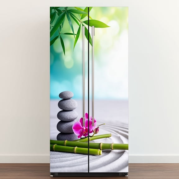 Self Adhesive Vinyl Refrigerator Wrap Set Zen Stones Bamboo Orchid Raked Sand Minimal Spa Still Life Door Mural Removable Fridge Sticker Peel and Stick Full Door Cover Decal Kitchen Bar Decor