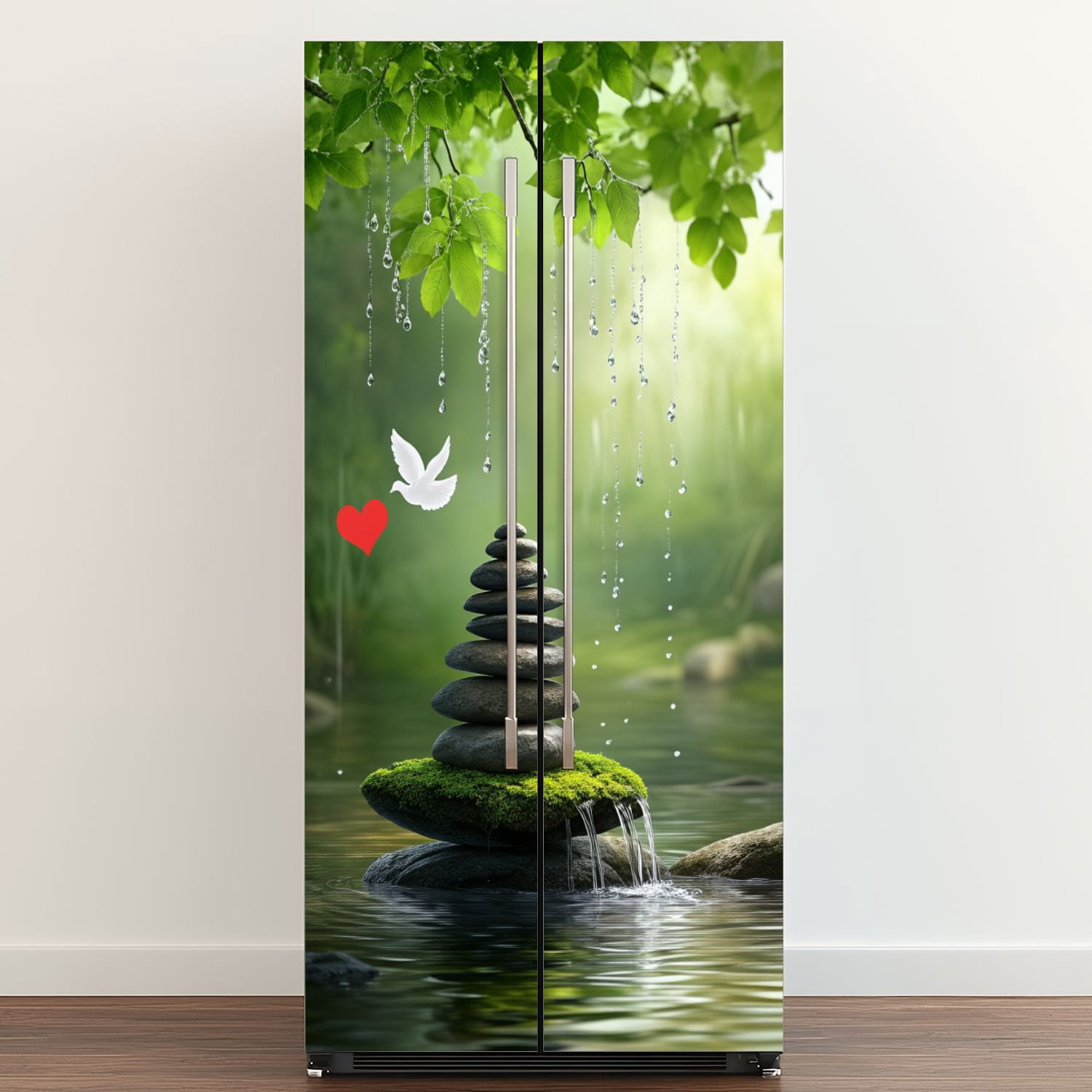 Self Adhesive Vinyl Refrigerator Wrap Set Zen Stones Waterfall Green Leaves Tranquil Setting Spiritual Door Mural Removable Fridge Sticker Peel and Stick&nbsp;Full Door Cover Decal Kitchen Bar Decor