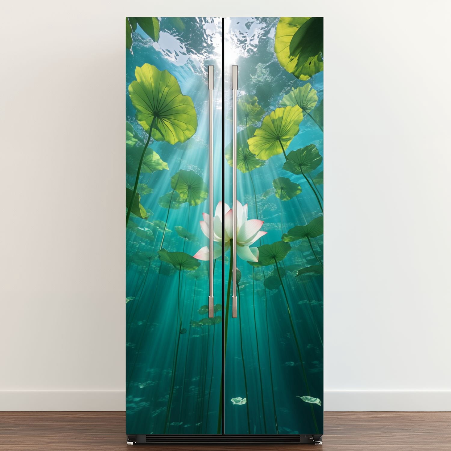 Self Adhesive Vinyl Refrigerator Wrap Set Zen Underwater Lotus Flower Sunlight Green Leaves Spiritual Door Mural Removable Fridge Sticker Peel and Stick&nbsp;Full Door Cover Decal Kitchen Bar Decor