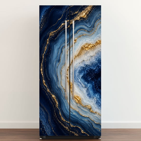 Self Adhesive Vinyl Refrigerator Wrap Set abstract blue agate golden veins white marble fake painted Door Mural Removable Fridge Sticker Peel and Stick Full Door Cover Decal Kitchen Bar Decor
