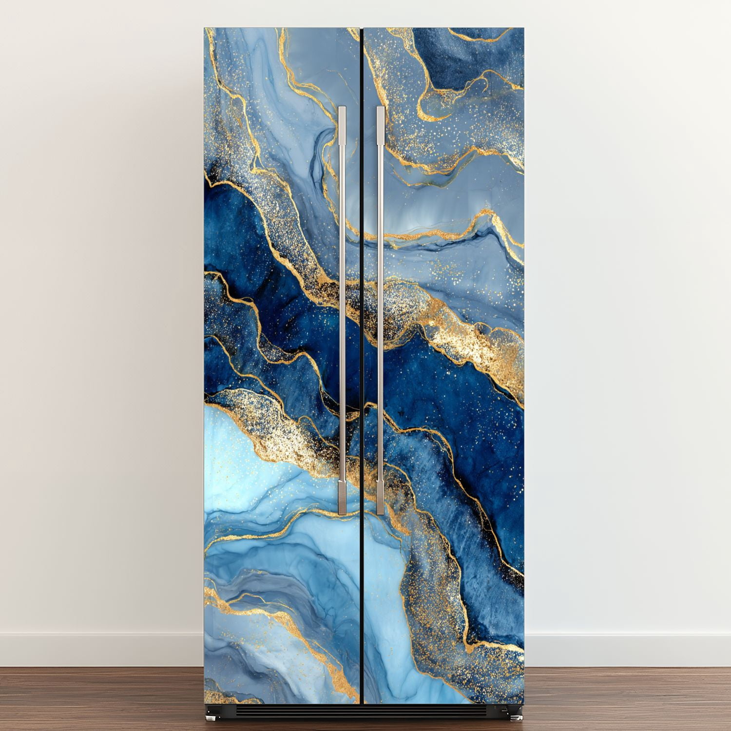 Self Adhesive Vinyl Refrigerator Wrap Set abstract blue marble fake stone liquid paint gold foil Door Mural Removable Fridge Sticker Peel and Stick&nbsp;Full Door Cover Decal Kitchen Bar Decor
