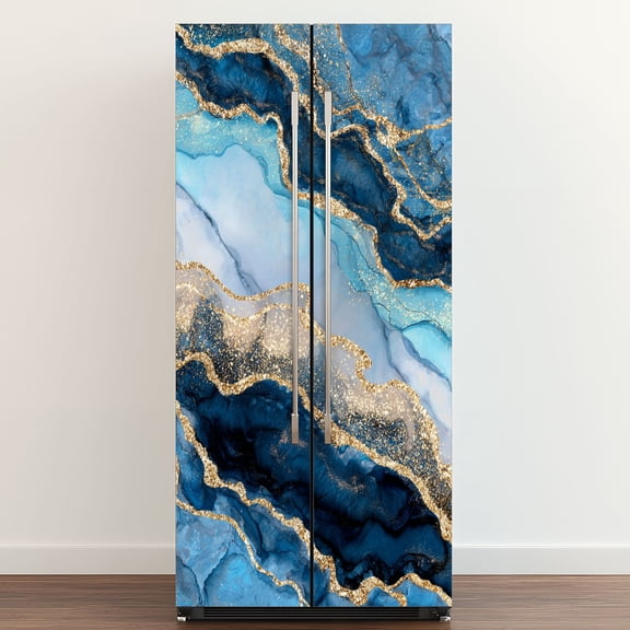 Self Adhesive Vinyl Refrigerator Wrap Set abstract blue marble fake stone texture liquid paint Door Mural Removable Fridge Sticker Peel and Stick&nbsp;Full Door Cover Decal Kitchen Bar Decor