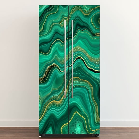Self Adhesive Vinyl Refrigerator Wrap Set abstract fake stone malachite green agate jasper marble slab Door Mural Removable Fridge Sticker Peel and Stick&nbsp;Full Door Cover Decal Kitchen Bar Decor