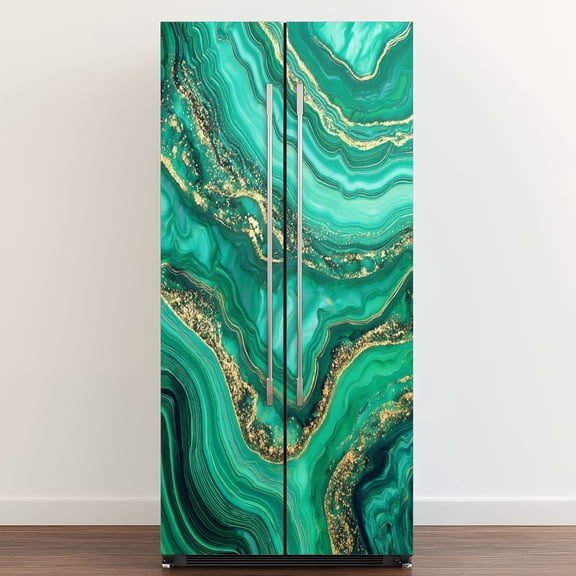 Self Adhesive Vinyl Refrigerator Wrap Set abstract fake stone texture malachite green agate Door Mural Removable Fridge Sticker Peel and Stick Full Door Cover Decal Kitchen Bar Decor