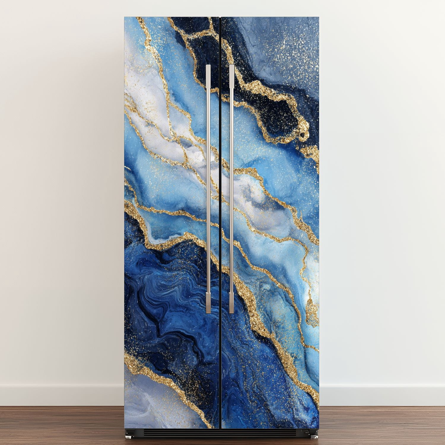 Self Adhesive Vinyl Refrigerator Wrap Set abstract white blue marble golden veins fake stone liquid Door Mural Removable Fridge Sticker Peel and Stick&nbsp;Full Door Cover Decal Kitchen Bar Decor