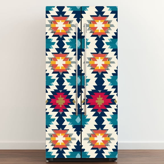 Self Adhesive Vinyl Refrigerator Wrap Set bohemian diamonds style blue teal yellow orange Door Mural Removable Fridge Sticker Peel and Stick Full Door Cover Decal Kitchen Bar Decor
