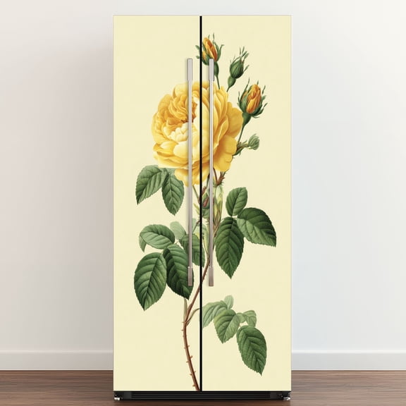 Self Adhesive Vinyl Refrigerator Wrap Set botanical drawing yellow tea rose green leaves rose Door Mural Removable Fridge Sticker Peel and Stick&nbsp;Full Door Cover Decal Kitchen Bar Decor