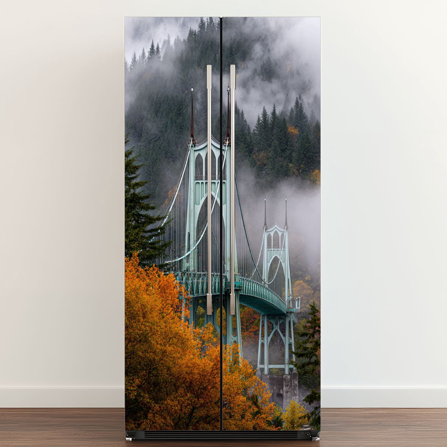 Self Adhesive Vinyl Refrigerator Wrap Set bridge portland oregon misty citys Door Mural Removable Fridge Sticker Peel and Stick&nbsp;Full Door Cover Decal Kitchen Bar Decor