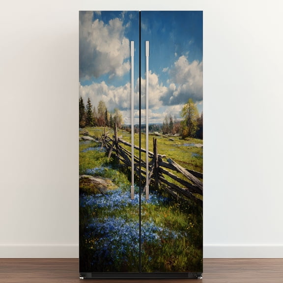 Self Adhesive Vinyl Refrigerator Wrap Set clouds Texas bluebonnets Door Mural Removable Fridge Sticker Peel and Stick&nbsp;Full Door Cover Decal Kitchen Bar Decor