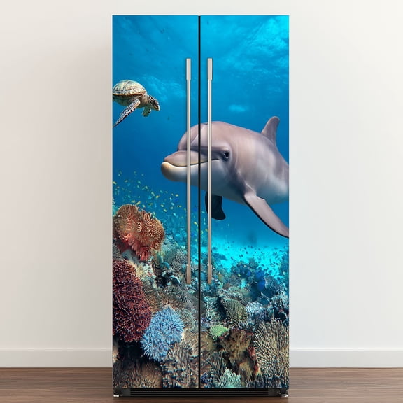 Self Adhesive Vinyl Refrigerator Wrap Set dolphin turtle underwater Door Mural Removable Fridge Sticker Peel and Stick Full Door Cover Decal Kitchen Bar Decor