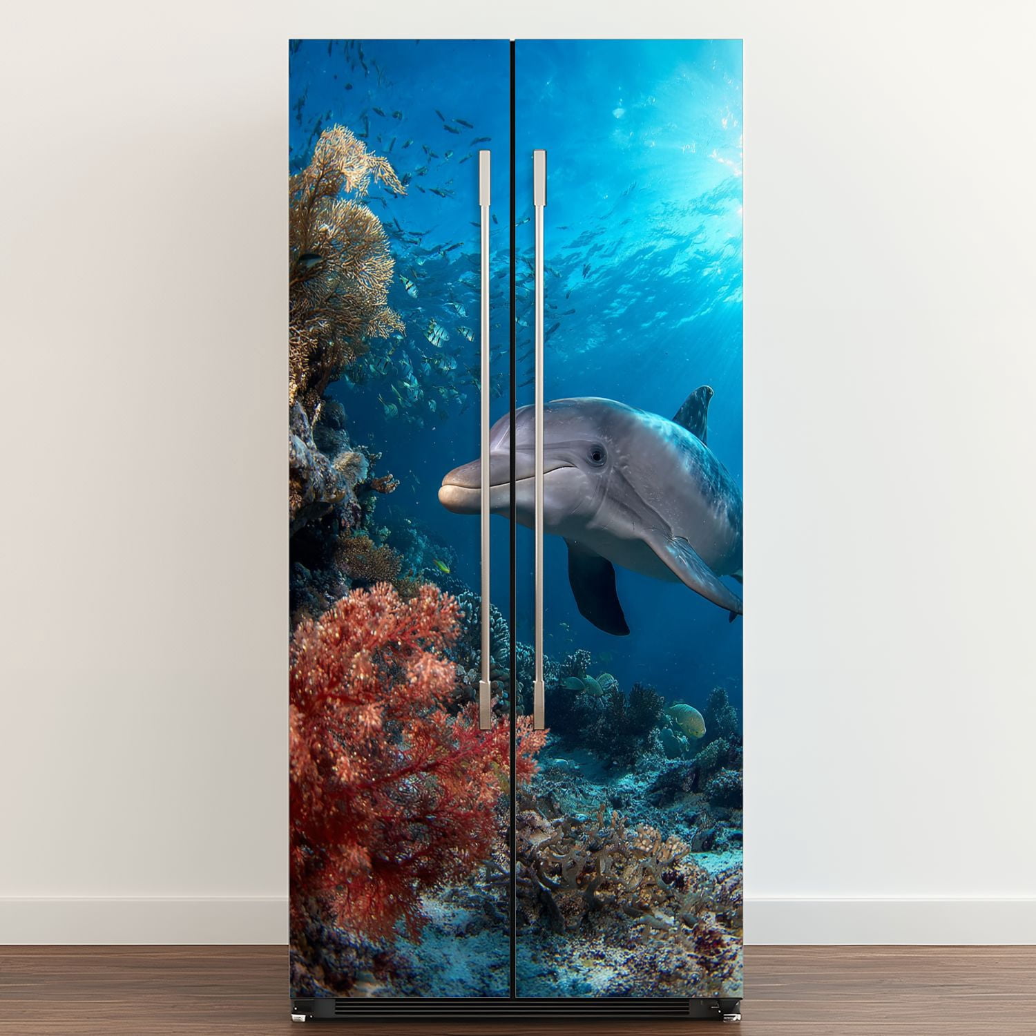 Self Adhesive Vinyl Refrigerator Wrap Set dolphin turtle underwater Door Mural Removable Fridge Sticker Peel and Stick&nbsp;Full Door Cover Decal Kitchen Bar Decor