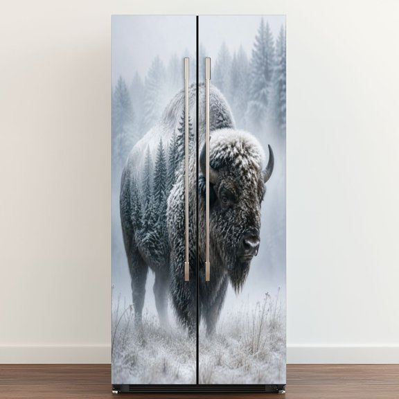 Self Adhesive Vinyl Refrigerator Wrap Set exposure wild bison buffalo pine forest Door Mural Removable Fridge Sticker Peel and Stick Full Door Cover Decal Kitchen Bar Decor