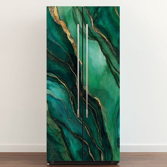 Self Adhesive Vinyl Refrigerator Wrap Set green emerald luxury abstract golden line art marble Door Mural Removable Fridge Sticker Peel and Stick Full Door Cover Decal Kitchen Bar Decor