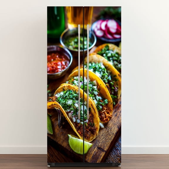 Self Adhesive Vinyl Refrigerator Wrap Set mexican street tacos barbacoa carnitas chicharr mexican Door Mural Removable Fridge Sticker Peel and Stick Full Door Cover Decal Kitchen Bar Decor