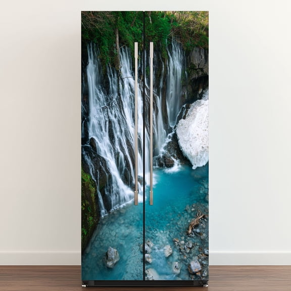 Self Adhesive Vinyl Refrigerator Wrap Set nature blue waterfall river summer Door Mural Removable Fridge Sticker Peel and Stick Full Door Cover Decal Kitchen Bar Decor