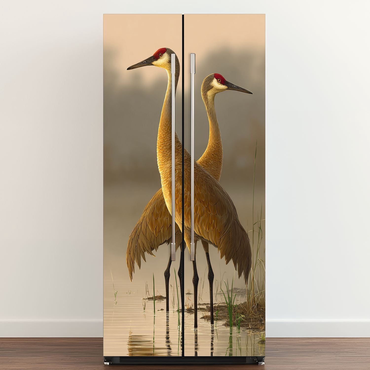 Self Adhesive Vinyl Refrigerator Wrap Set pair sandhill cranes water sunset lake Door Mural Removable Fridge Sticker Peel and Stick&nbsp;Full Door Cover Decal Kitchen Bar Decor